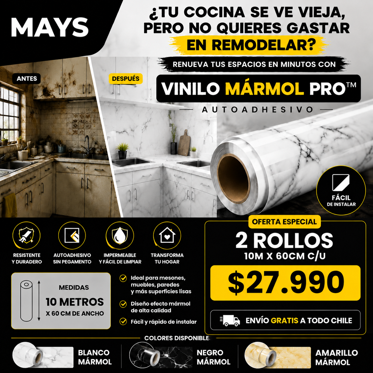 Vinilo Mármol Pro™ | Renueva tus espacios en minutos